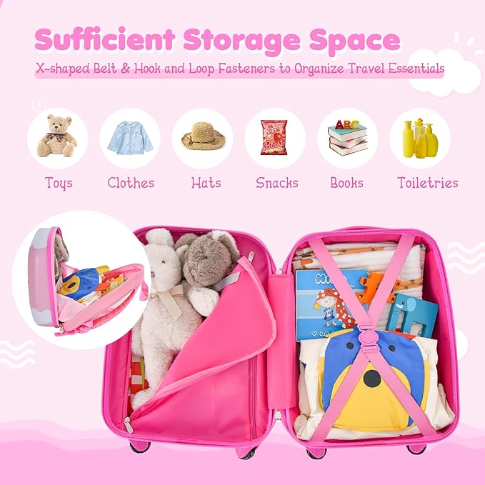 BABY JOY 2 Pcs Kids Luggage Set, 16" Toddlers Carry-on Suitcase & 12" Backpack Set, Children Travelling Case w/ 4 Casters, Retractable Handle, Lightweight Trolley Case for Girls Boys (Cloud Pony)