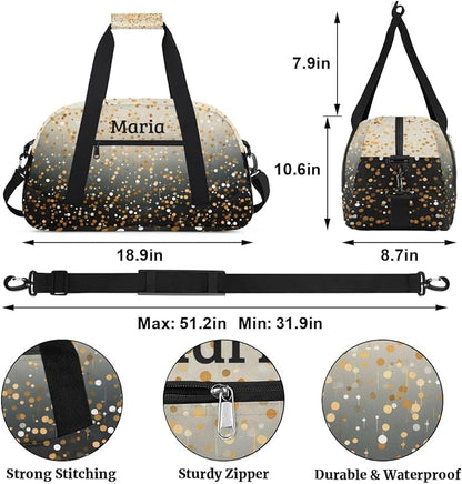 Personalized Kids Sports Duffel Bag with Name Custom Weekender Overnight Bag for Boys Girls Gym Bag Travel Dance Gymnastics Duffel Bag, Golden Glitter Black Shiny