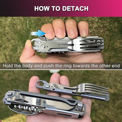 6 in 1 Detachable Camping Utensils Flatware Set, Multifunction Travel Pocket Cutlery Folding Spoon, Fork, Knife, Wine Bottle Can Opener Portable Combo Set Stainless Steel