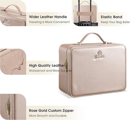 Leather Makeup Case with LED Lighted Mirror 11.4 Inch Travel Makeup Bag Adjustable Brightness in 3 Colors Cosmetic Organizer Artist Storage Bag with Dividers Brush Holder Bag Vanity Champagne Gold