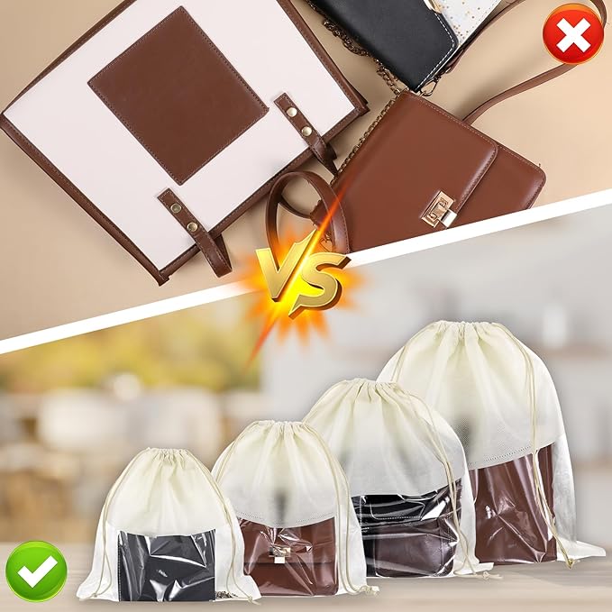 16 PCS Purse Dust Bags for Handbags Dustproof Drawstring Storage Bag with Clear Window, Non Woven Fabric Travel Shoe Storage Bag Beige Dust Cover Fabric Handbag Pouch Covers with Assorted Sizes