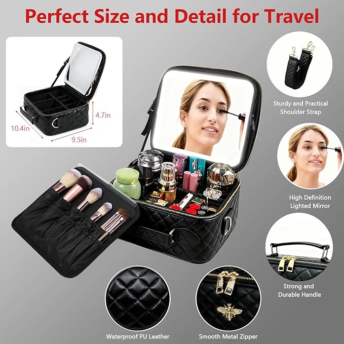 Travel Makeup Bag with Light Up Mirror, Portable Makeup Bag with Led Light Women Waterproof Makeup Travel Case adjustable dividers Rechargeable Vanity Mirror with 3 Color Lights