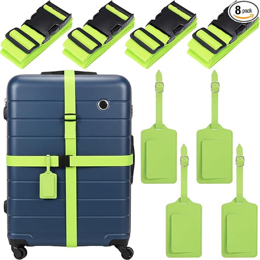 Reginary 8 Pcs Luggage Straps Suitcase Tags Set 4 Travel Adjustable Suitcase Belt 4 PU Leather Luggage Tags ravel Accessories (Green)
