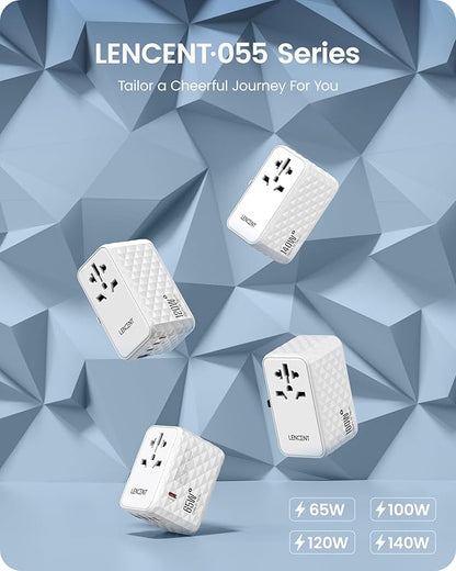 LENCENT 65W International Travel Adapter, Universal Travel Adapter with 2 QC USB-A & 3 PD3.0 Type C Power Outlet, Fast Charging for Phone,Laptops, All-in-One Outlet Converter for USA/UK/EU/AUS, White