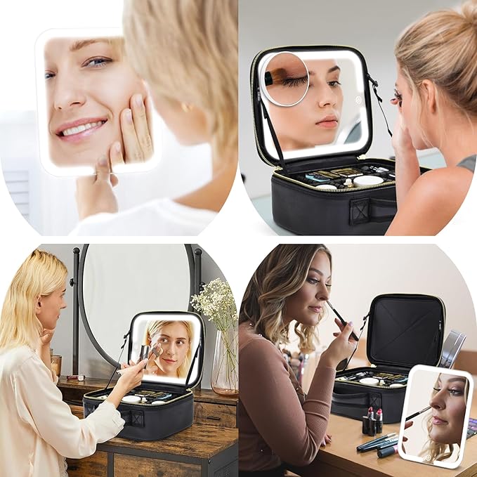 Makeup Bag with Magnetic Detachable Lighted Mirror 360° Swivel Angle, Travel Makeup Bag with Lights Portable Makeup Case Organizer with Mirror, Partition Cosmetic Bag Tools Accessories Train Case Gift
