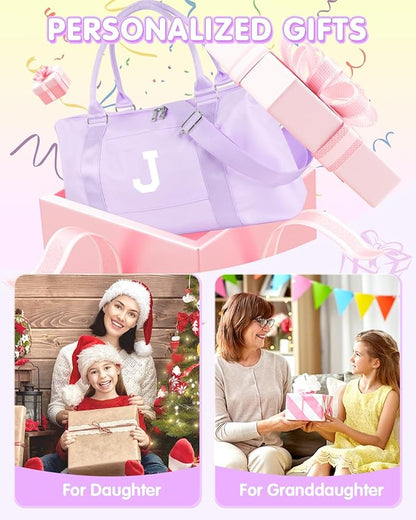 Daughter Niece Gifts for Teen Girl Kids, Initial Travel Duffel Bag Sports Gym Bag Personalized Gifts Weekender Bag，Monogram Overnight Bag Cute Dance Bag Birthday Bridesmaid Gifts for Women(Purple, J)