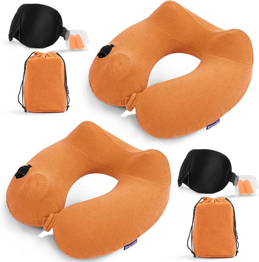 2 Pack Inflatable Travel Neck Pillows for Airplanes, Head Support Velvet Adult Neck Pillows for Long Flight, Kit with Eye Mask, Earplugs and Storage Bag, 2, Orange