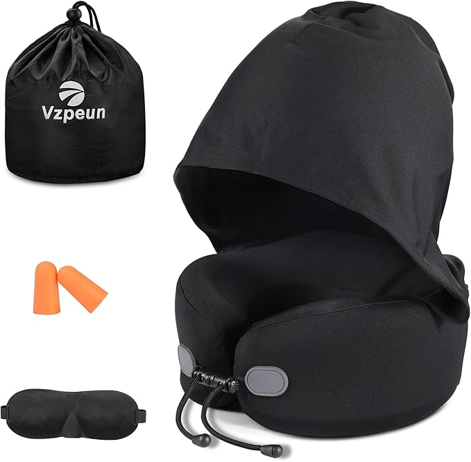 Neck Pillow for Travel - Hooded Memory Foam Plane Pillow for Airplane, Office, Cars Sleeping, Long Flight Must Haves, Portable Road Trip Essentials for Adults Black