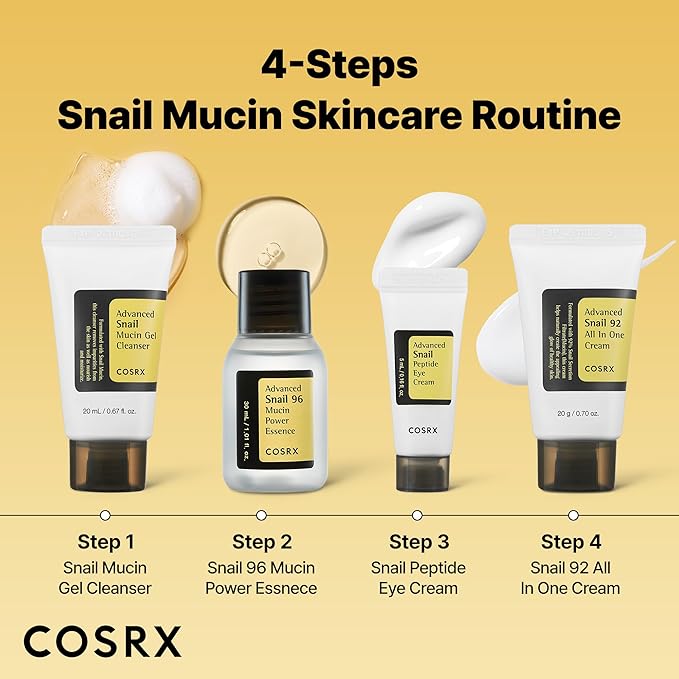 COSRX All About Snail Mucin Korean Skin Care Set, Mini Travel Essentials, Travel Size Gift Set with Snail Mucin Face Wash, Serum, Moisturizer & Eye Cream, Rejuvenating Kit, Stocking Stuffers