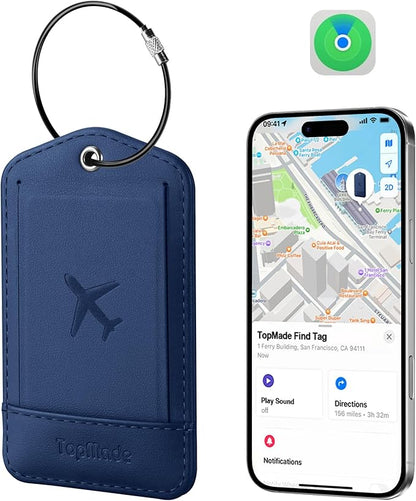 TopMade Smart Luggage Tag with Find My, Premium Leather Luggage Tags for Suitcase, Travel Bags, Backpacks, Anti-Lost Suitcase Tag Tracker for Travel with Privacy Name Card, Rechargeable