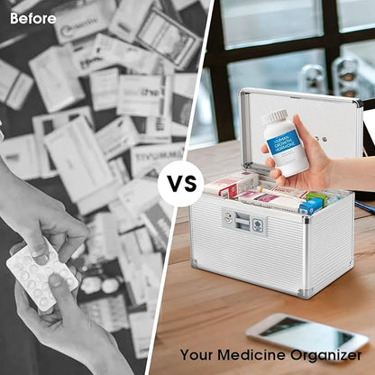 Medicine Lock Box with Key, Alluminum Alloy Box for Medication,First Aid Box with a Removeable Tray to Store Medicines & Pills for Home,Silver 10 * 6.89 * 6.89 Inch