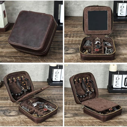 CONTACTS Genuine Leather Jewelry Box Travel Jewelry Storage Organizer for Men Portable Case for Cufflinks Ring Necklace Earrings with Mirror, Square+mirror, Coffee