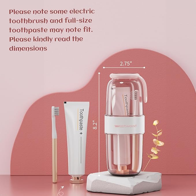 Luxury Transparent Pink Toothbrush Travel Case, Portable Travel Toothbrush & Toothpaste Holder Cover Organizer Container with Mouthwash Cup for Camping, Business Trips, Bathroom Storage