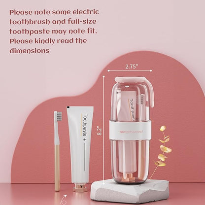 Luxury Transparent Pink Toothbrush Travel Case, Portable Travel Toothbrush & Toothpaste Holder Cover Organizer Container with Mouthwash Cup for Camping, Business Trips, Bathroom Storage