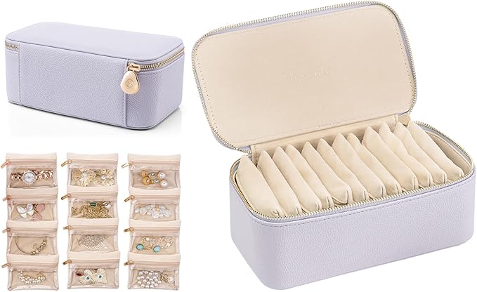 Vlando Travel Jewelry Box Organizer - 12 Small Velvet Zipped Pouches Pockets for Jewelries Necklaces Rings Earrings Sorting Storage, Lilac Purple