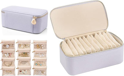 Vlando Travel Jewelry Box Organizer - 12 Small Velvet Zipped Pouches Pockets for Jewelries Necklaces Rings Earrings Sorting Storage, Lilac Purple