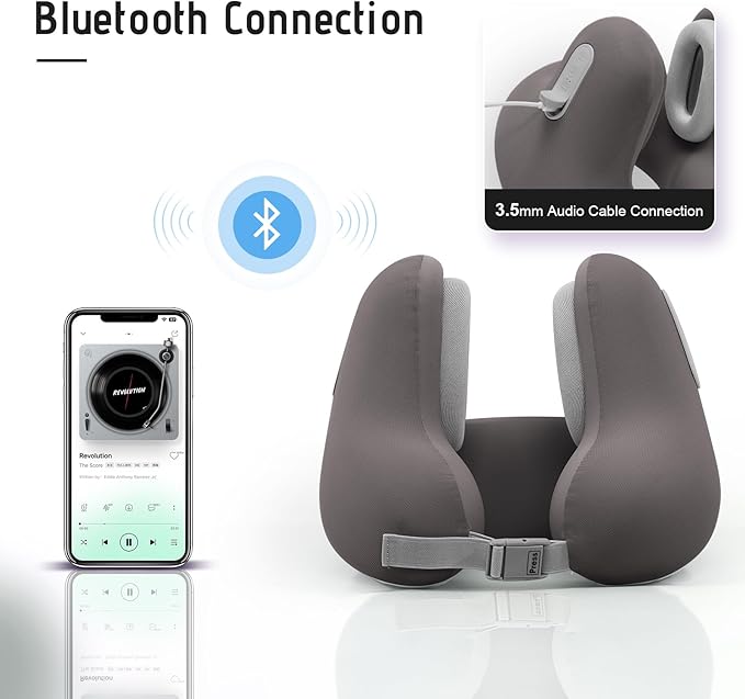 Travel Neck Pillow with Bluetooth Headset, Memory Foam Airplane Pillow for Head Support, Ergonomic Design Traveling Music Pillow for Home, Flight, Car with Adjustable Buckle and Drawstring Bag(Grey)