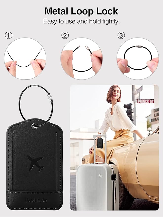 TopMade Smart Luggage Tag with Find My, Premium Leather Luggage Tags for Suitcase, Travel Bags, Backpacks, Anti-Lost Suitcase Tag Tracker for Travel with Privacy Name Card, Rechargeable