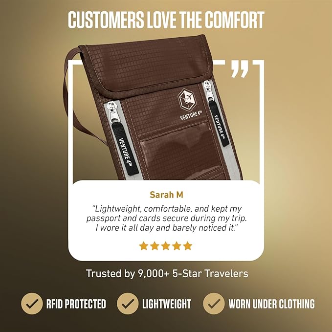 VENTURE 4TH Neck Wallet, RFID Blocking Passport Holder for Travel – Hidden Neck Pouch with 6 Compartments, Slim Lightweight Organizer with Adjustable Strap for Cash, Cards & Passport (Brown)
