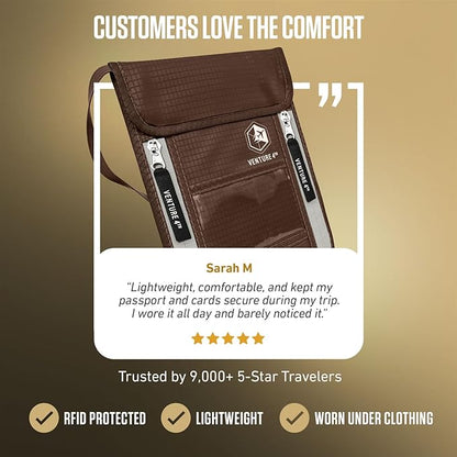 VENTURE 4TH Neck Wallet, RFID Blocking Passport Holder for Travel – Hidden Neck Pouch with 6 Compartments, Slim Lightweight Organizer with Adjustable Strap for Cash, Cards & Passport (Brown)