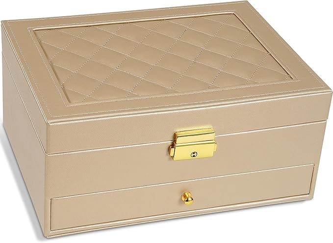GUOER Jewelry Box for Women Girl Wife - Large PU Leather Jewelry Organizer Storage Case with Two Layers Display for Earrings Bracelets Rings Watches (Champagne)