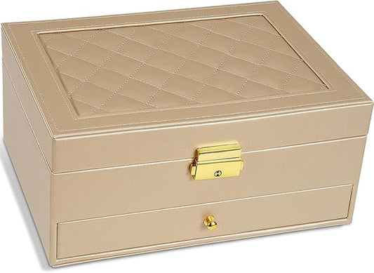GUOER Jewelry Box for Women Girl Wife - Large PU Leather Jewelry Organizer Storage Case with Two Layers Display for Earrings Bracelets Rings Watches (Champagne)