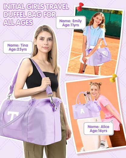 Daughter Niece Gifts for Teen Girl Kids, Initial Travel Duffel Bag Sports Gym Bag Personalized Gifts Weekender Bag，Monogram Overnight Bag Cute Dance Bag Birthday Bridesmaid Gifts for Women(Purple, G)