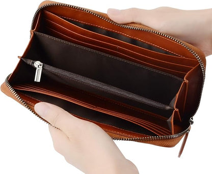 VISOUL Leather Long Zipper Pouch Wallet for Men and Women with RFID Blocking, Large Clutch Cash Long Wallet with Zipper (Orange)