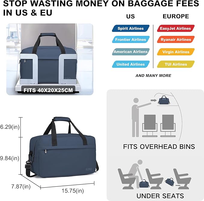 Kono Travel Duffel 20L Under Seat Carry-On Sports Tote Gym Weekender Overnight Bag - 15.75"x9.84"x7.87" Navy