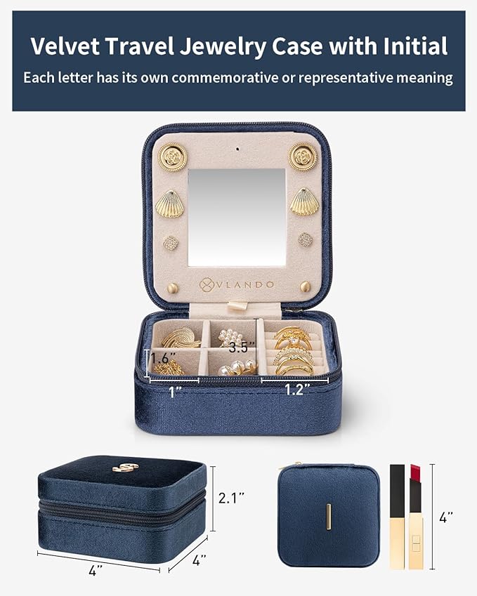 Vlando Valentines Day Gifts for Her, Travel Jewelry Organizer, Necklace Ring Organizer, Jewelry Travel Essentials Travel Gifts for Girlfriend Wife - Letter I, Dark Blue