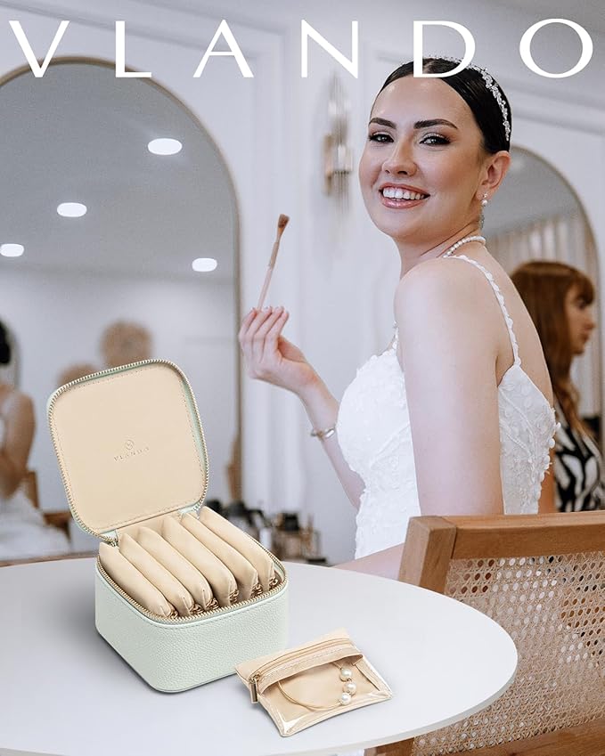 Vlando Jewelry Box with 6 Velvet Jewelry Bags Travel Jewelry Case for Women Girl Premium Petal Hardware Jewelry Organizer Necklace Rings Earrings Bags Bride Teacher Mom Gifts-Mint Green