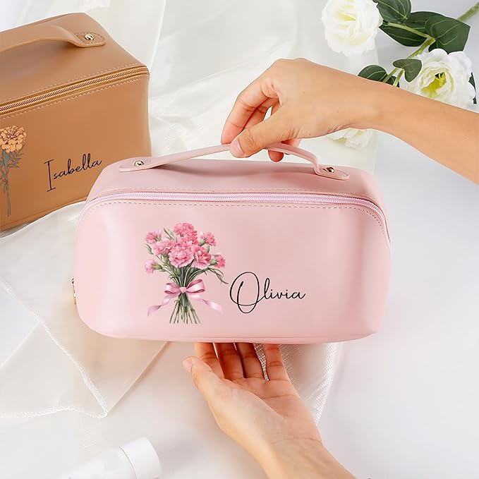 callie Personalized Makeup Bag - Custom Name & Birth Flower, Leather Cosmetic Organizer Bag with Zippers & Handle, Birthday Christmas Travel Gifts for Women