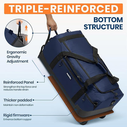 Fanwoli 30'' Large Rolling Duffel Bag with Wheels - No-Sag Design for Heavy Loads, 100L Waterproof Foldable Luggage w/Hidden Backpack Straps & Waist Support Compartment, Lightweight Travel & Gym