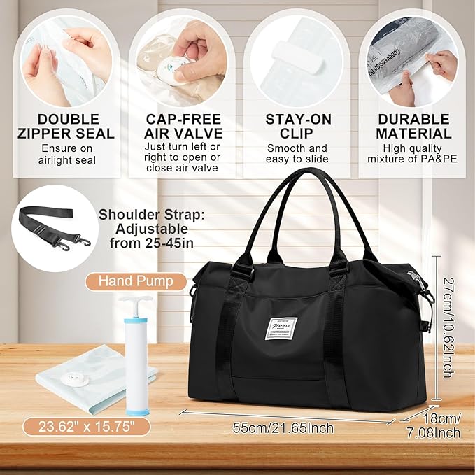 Large Gym Bag for Women Carry on Duffel 18 x 14 x 8 inches Spirit Airlines Travel Essentials Bag Weekender Space Saver Clothes Vacuum Storage Bags with hand pump,Duffle Hospital Luggage backpack Black