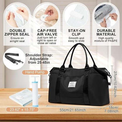 Large Gym Bag for Women Carry on Duffel 18 x 14 x 8 inches Spirit Airlines Travel Essentials Bag Weekender Space Saver Clothes Vacuum Storage Bags with hand pump,Duffle Hospital Luggage backpack Black