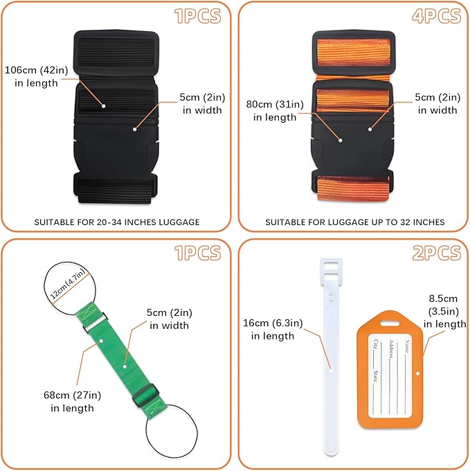 8 pcs Luggage Straps, CNYMANY 2-in-1 Travel Belt Add a Bag Luggage Strap, Adjustable Luggage Straps for suitcases Over Handle for Carry On Bag Airport Travel Accessories - Orange, Green, Black