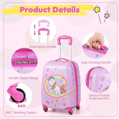 BABY JOY 2 Pcs Kids Luggage Set, 16" Carry-on Luggage Trolley Case & 12" Backpack w/Rolling Wheels, Retractable Handle, Lightweight Airline-approved Design, Kids Suitcase for Girls Boys (White Pony)