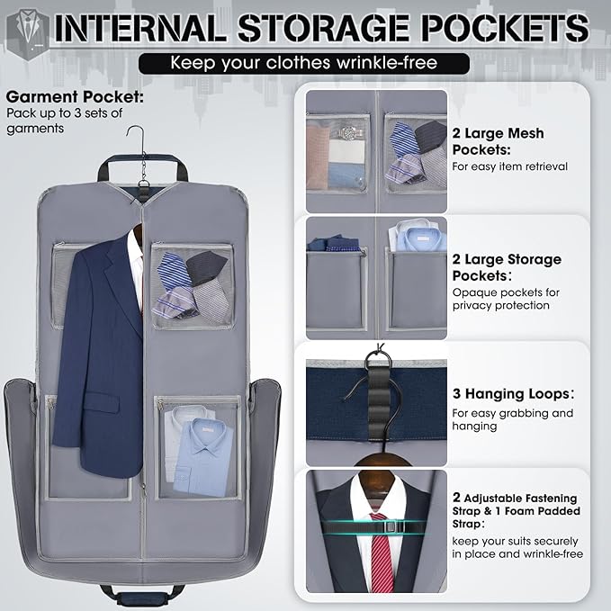 RAINSMORE Garment Bags for Travel Carry On Garment Bag for Hanging Clothes, Suit Bag for Business Trips with Shoes bag & Shoulder Strap, Waterproof Foldable Suit Luggage Bag for Men Women, Blue