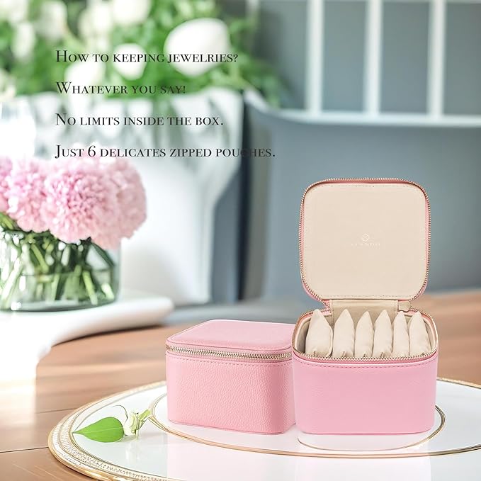 Vlando Travel Jewelry Box Organizer - 6 Small Velvet Zipped Pouches Pockets for Jewelries Necklaces Rings Earrings Sorting Storage, Strawberry Pink