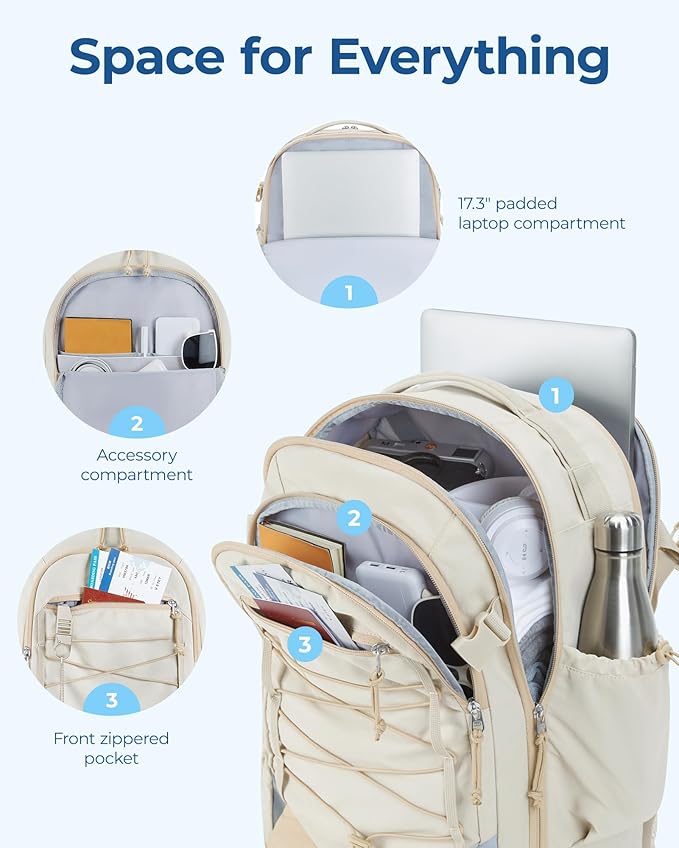 BAGSMART Carry On Travel Backpack, 17 Inch Large Travel backpack Carry On Flight Approved, Anti-theft Personal Item Backpack Travel Bag With Shoe Bag, 30L Water Resistant Casual Daypack, Beige