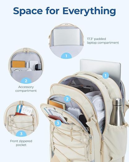 BAGSMART Carry On Travel Backpack, 17 Inch Large Travel backpack Carry On Flight Approved, Anti-theft Personal Item Backpack Travel Bag With Shoe Bag, 30L Water Resistant Casual Daypack, Beige