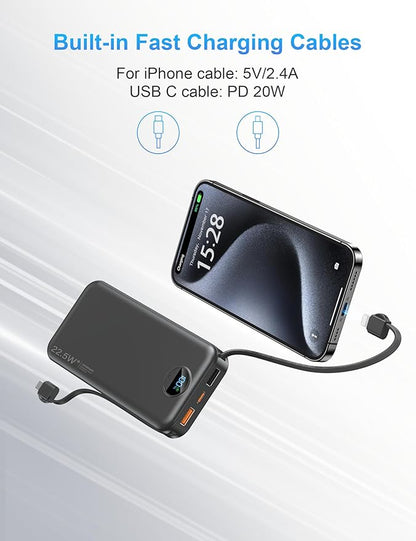 Portable Charger with Wall Plug, 12000mAh USB C Power Bank Fast Charging, External Battery Pack with Built in Cables, Digital Display, 5 Output 4 Input for iPhone Android Cell Phone Tablet