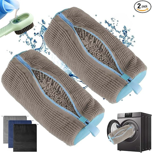 2Pcs Shoe Washing Machine Bag, Durable Laundry Shoe Bag for Washing Machine, Fluffy Fibers 360° Cleaning, Includes Liquid Shoe Brush & Travel Dust Bag, Ideal for Sneakers & Gym Shoes (Gray)