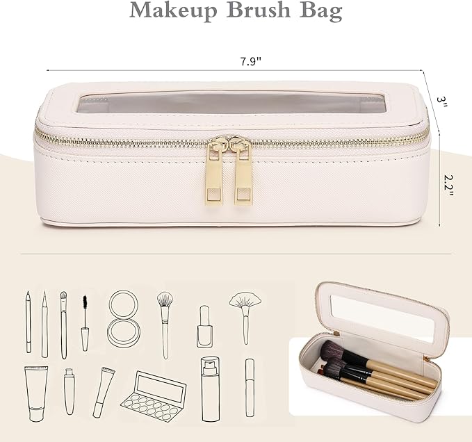 Pinkmik Clear Makeup Bag with Brush Bag Portable Cosmetic Bag Case Travel Toiletry Bag Car Essential for Women (Beige, L+SLIM)