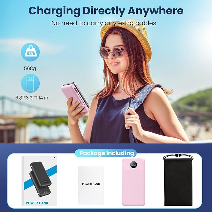 Portable Charger 33800mAh USB C Power Bank with Built-in Cables & AC Wall Plug,25W Fast Charging+QC 4.0 Phone Charger,4 Output Travel Essentials Battery Pack for iPhone16/15/14/13,Samsung,Android etc