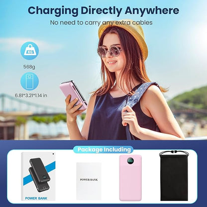 Portable Charger 33800mAh USB C Power Bank with Built-in Cables & AC Wall Plug,25W Fast Charging+QC 4.0 Phone Charger,4 Output Travel Essentials Battery Pack for iPhone16/15/14/13,Samsung,Android etc