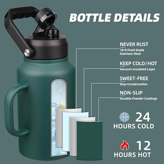 BJPKPK 87oz Insulated Water Bottle with Handle, Large Dishwasher Safe 2/3 Gallon Water Bottle, BPA Free Water Jug, Wide Mouth Metal Flasks with Anti-slip Bottom, Keep Cold & Hot,Army Green