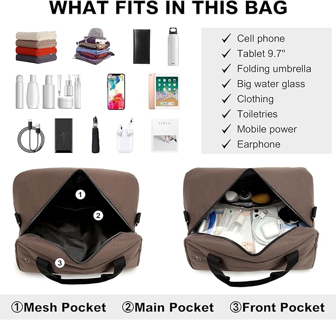 Kono Travel Duffel Bag 14L Under Seat Carry-on Bag Sports Tote Gym Bag Weekender Overnight Bags 13.78"x7.87"x7.87" Brown