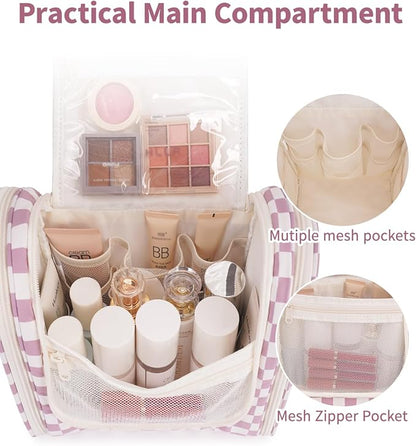 Narwey Checked Hanging Travel Toiletry Bag for Women, Travel Bag for Toiletries, Makeup Bag Organizer Cosmetic Bags Make Up Bags for Women (Dusty Rose Checkerboard)