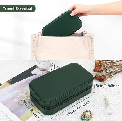 DesignSter Travel Jewelry Box, PU Leather Portable Jewelry Case, Small Jewelry Boxes for Gifts, Travel Jewelry Organizer for Women Rings Earrings Necklaces Bracelets (Dark Green)